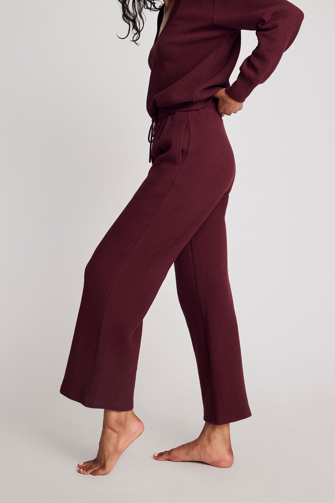 Garnet waffle knit cropped track pant, side view