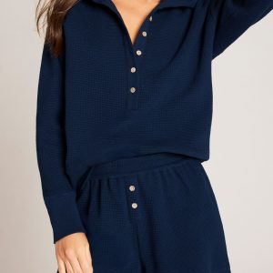 Waffle Knit Pullover in Navy