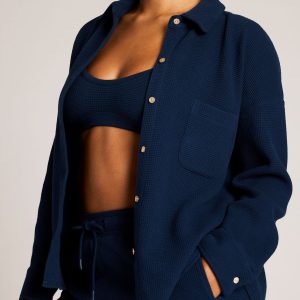Waffle Knit Shirt Jacket in Navy